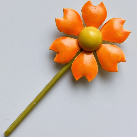 VTG 1960s Brooch Enamel Flower Orange Chartreuse Long Stem Mod Jewelry - Picture 2 of 10